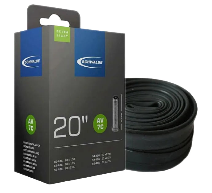 SSS Racing Schwalbe Inner Tube Schrader Valve 20" AV7C 1.5-2.5" black rubber, coiled tube, blue packaging, green AV7C badge.