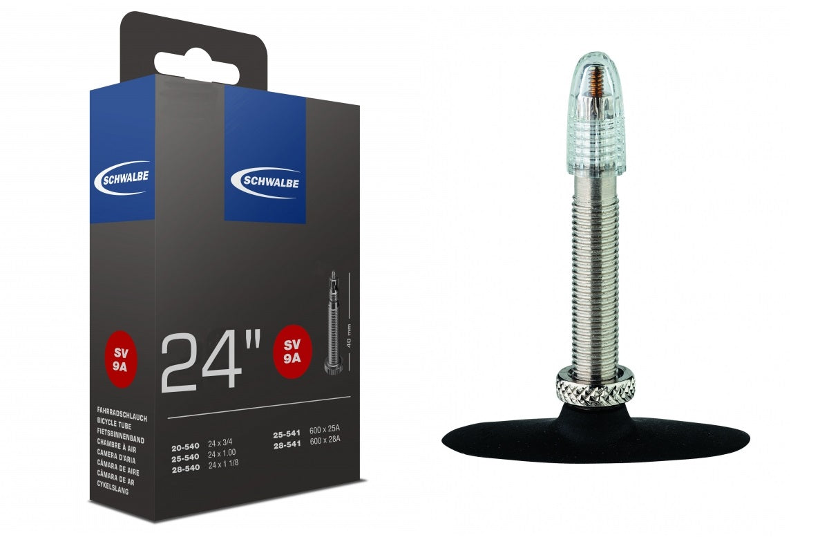Schwalbe bicycle tube packaging with a clear tube on a white background