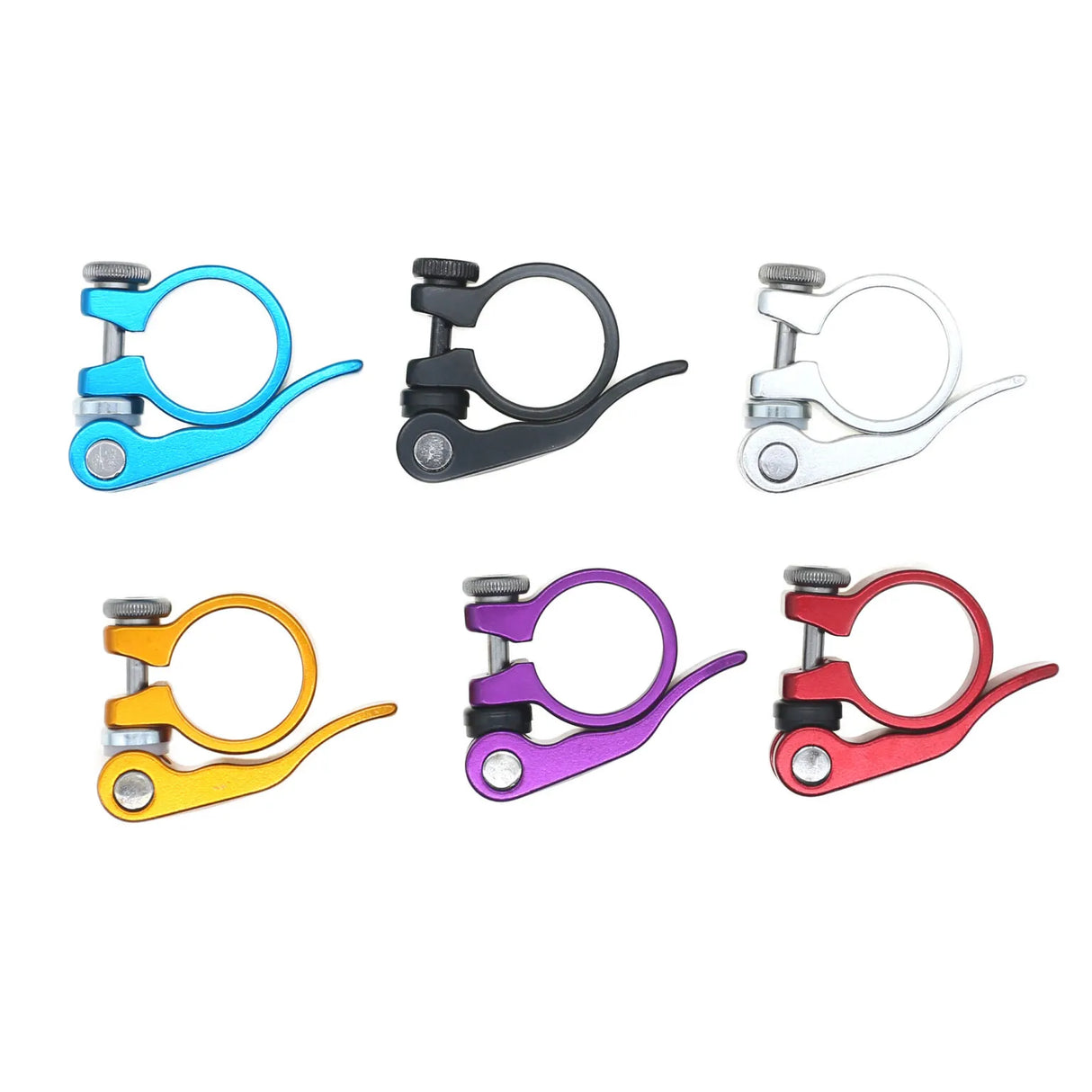 SSS Racing Yoshoka Quick release Seat Post Clamp (31.8mm): blue anodized aluminum, black CNC body, silver lever, multicolor.
