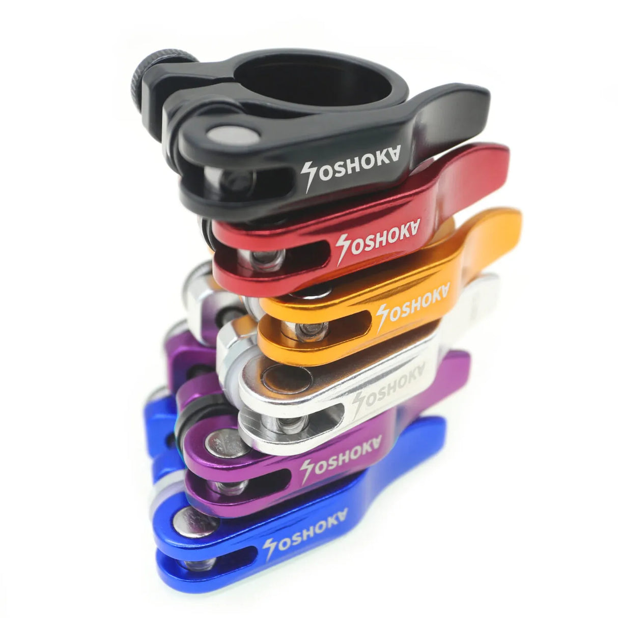Yoshoka Quick release Seat Post Clamp (31.8mm) by SSS Racing, anodized aluminum in black, red, blue with polished bolts.