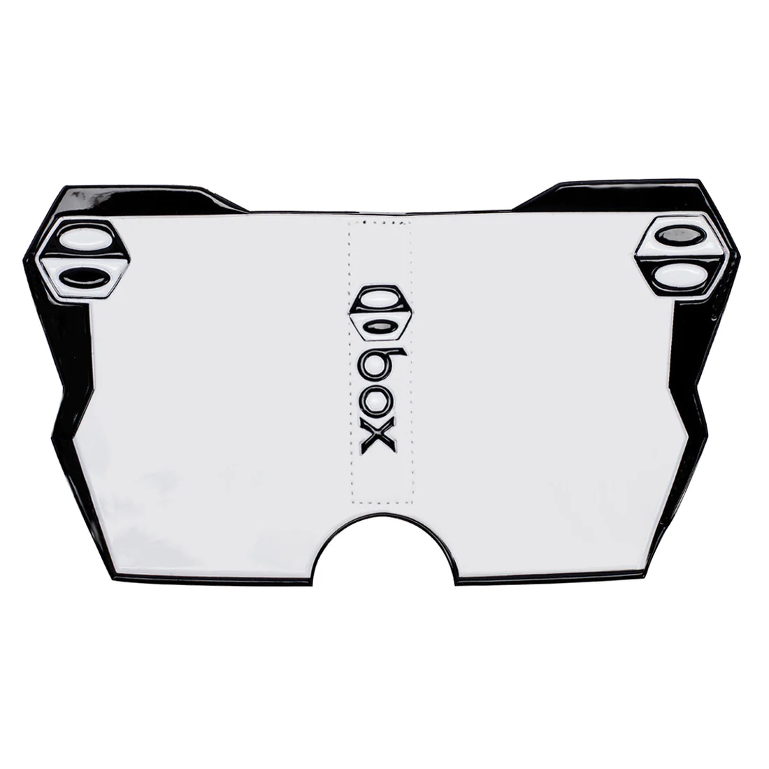 Box Two BMX Side Number Plate by SSS Racing: white aluminum with black trim, bolt accents, stitched center, high visibility.