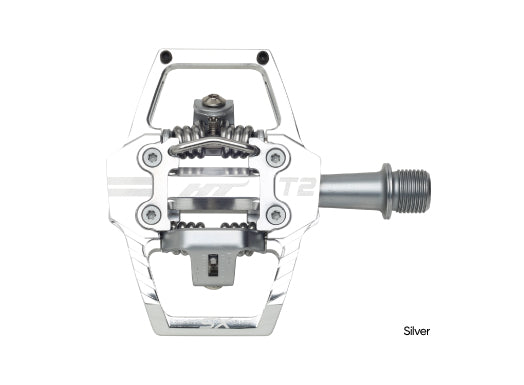 HT T2-SX BMX Racing Clip Pedals by SSS Racing USA in silver alloy with steel springs, gray body, aluminum spindle visible.