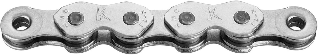 SSS Racing KMC K1N Chain, silver steel links, metallic finish, compact multi-link design with engraved KMC marks on chrome.