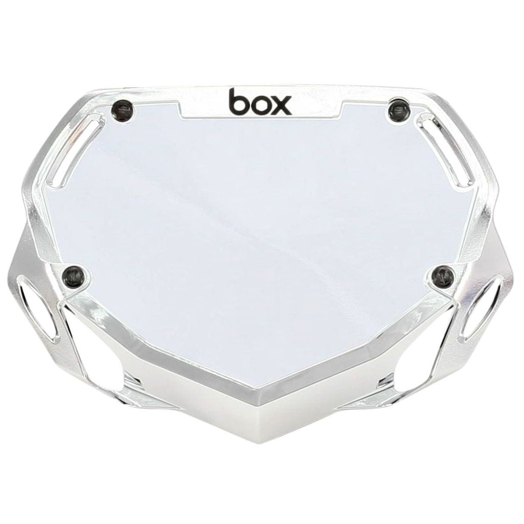 SSS Racing Box Two BMX Number Plates (Chrome) chrome aluminum plates with black screws, reflective hexagonal frame. glossy