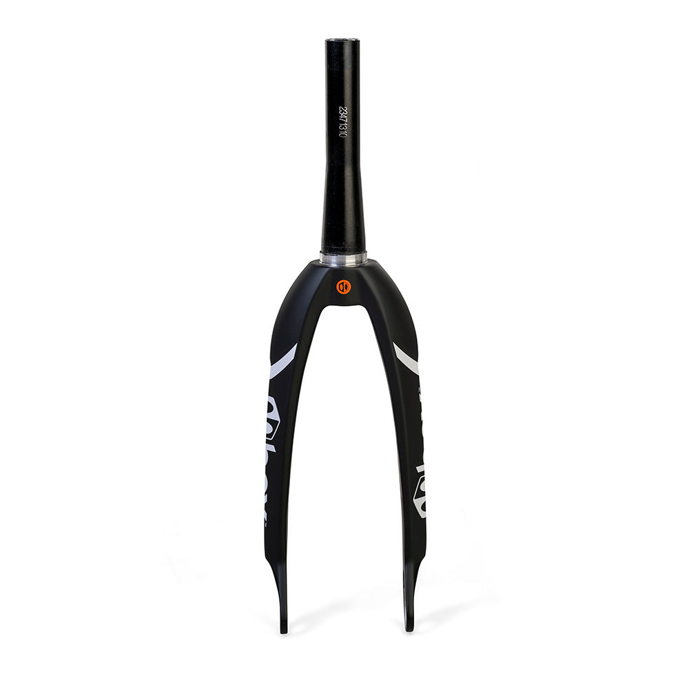 Box One Oversized X5 Pro Carbon Forks Tapered 1-1/8 24" Cruiser, black carbon with white-gray decals. Ideal for BMX racing.
