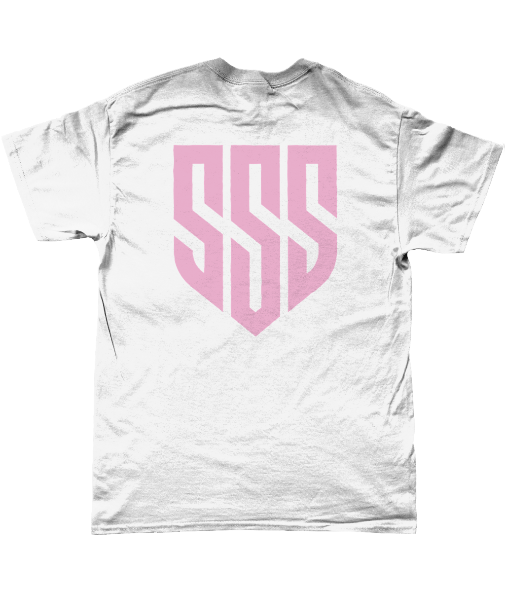 SSS Racing Tee (Unisex T-Shirt) white cotton tee with large pink geometric shield logo on back, soft, breathable fabric.