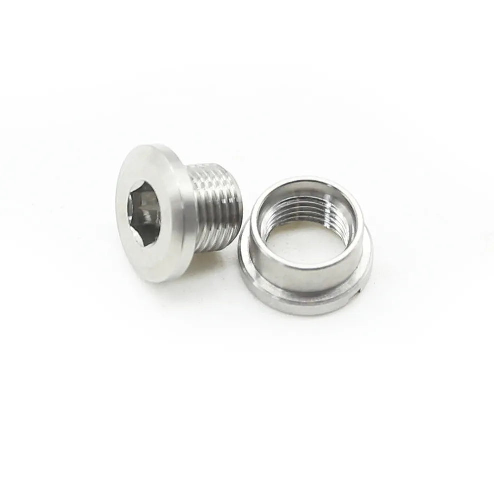 Yoshoka Titanium Chainring Bolts (8.5x4mm) by SSS Racing, silver titanium, hex-drive head, knurled flange, precise finish.