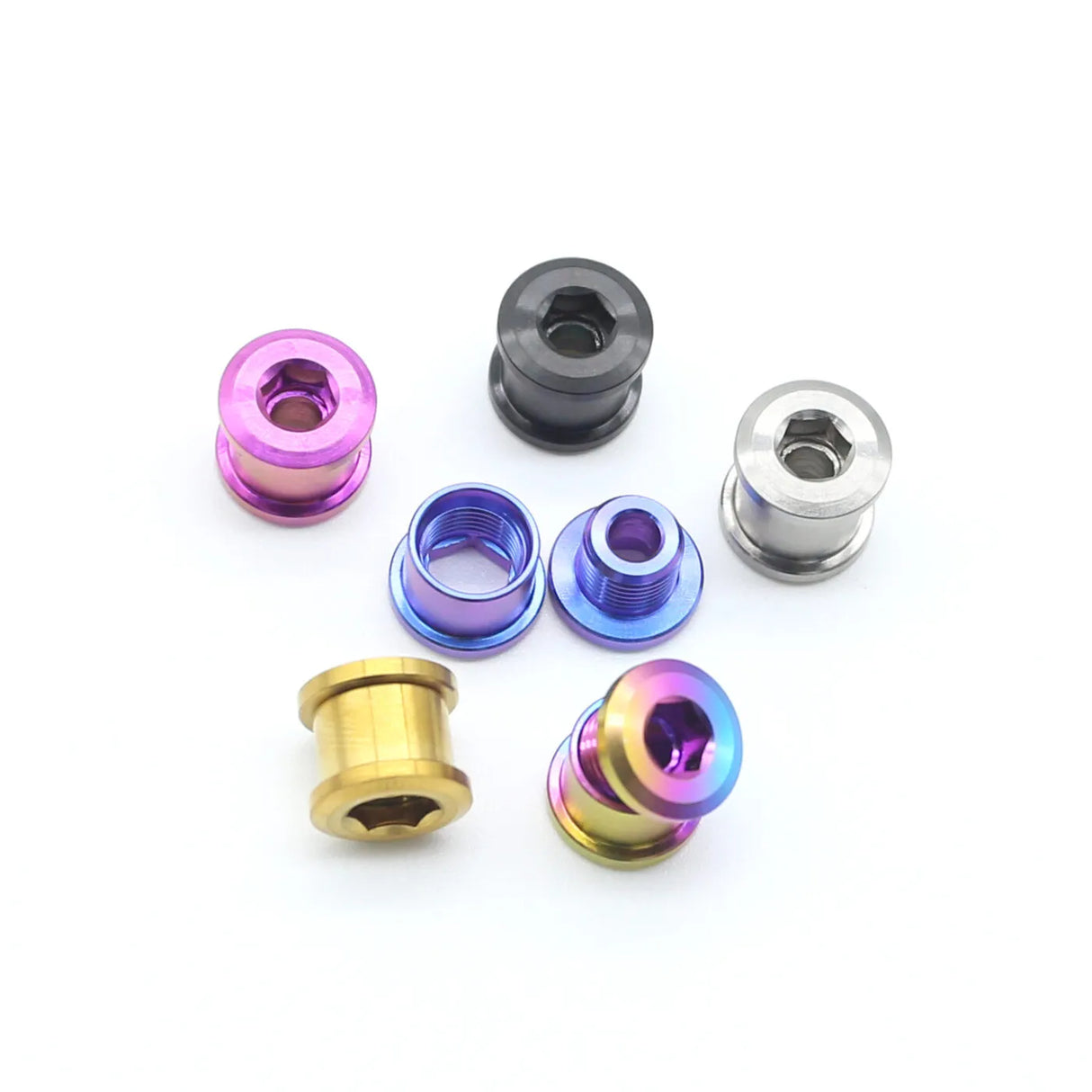 SSS Racing Yoshoka Titanium Chainring Bolts (8.5x4mm) anodized titanium finish with blue, purple, gold, pink accents style.