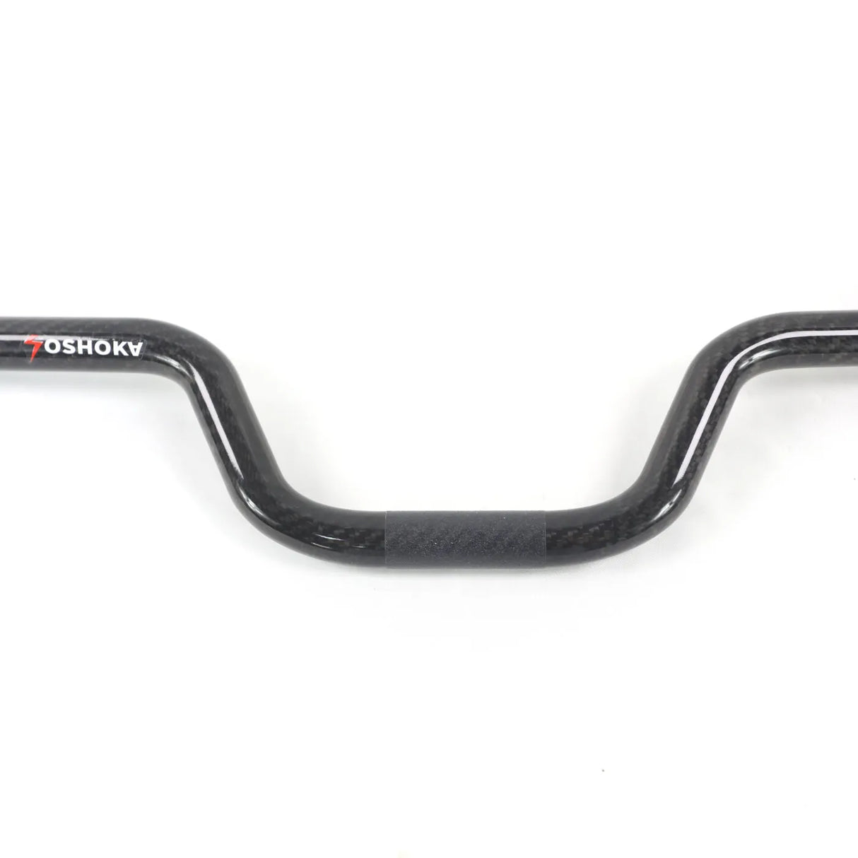 Yoshoka black mini handlebars close up without cross bar on a white background.