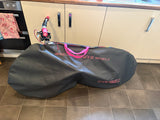 Bombshell Bike Bag, SSS Racing, charcoal gray with neon pink handles, zipper pulls, durable water-resistant fabric, logo.