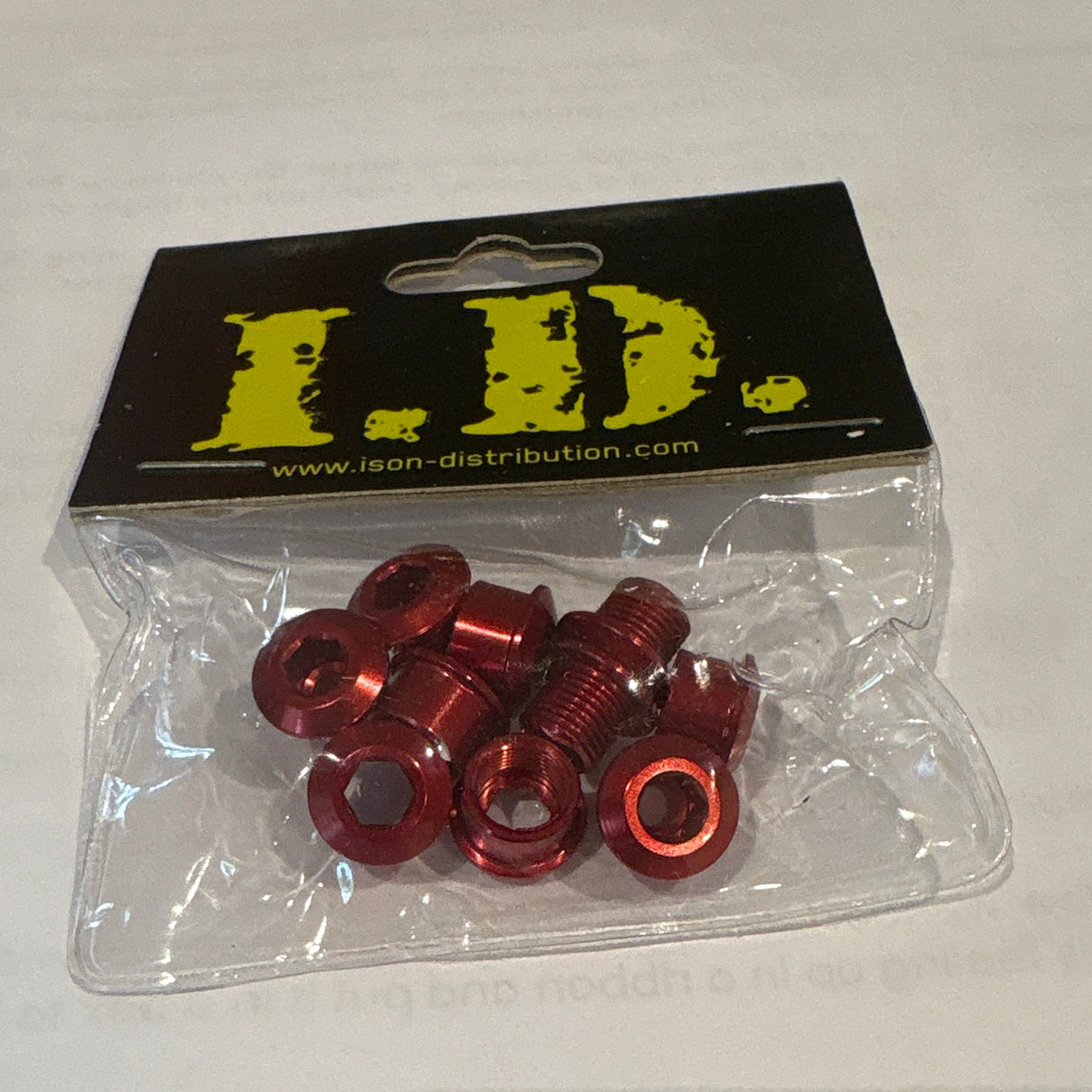 SSS Racing ID Alloy Chainring Bolts, red anodized aluminum hex bolts with CNC finish, high-precision, glossy metallic look