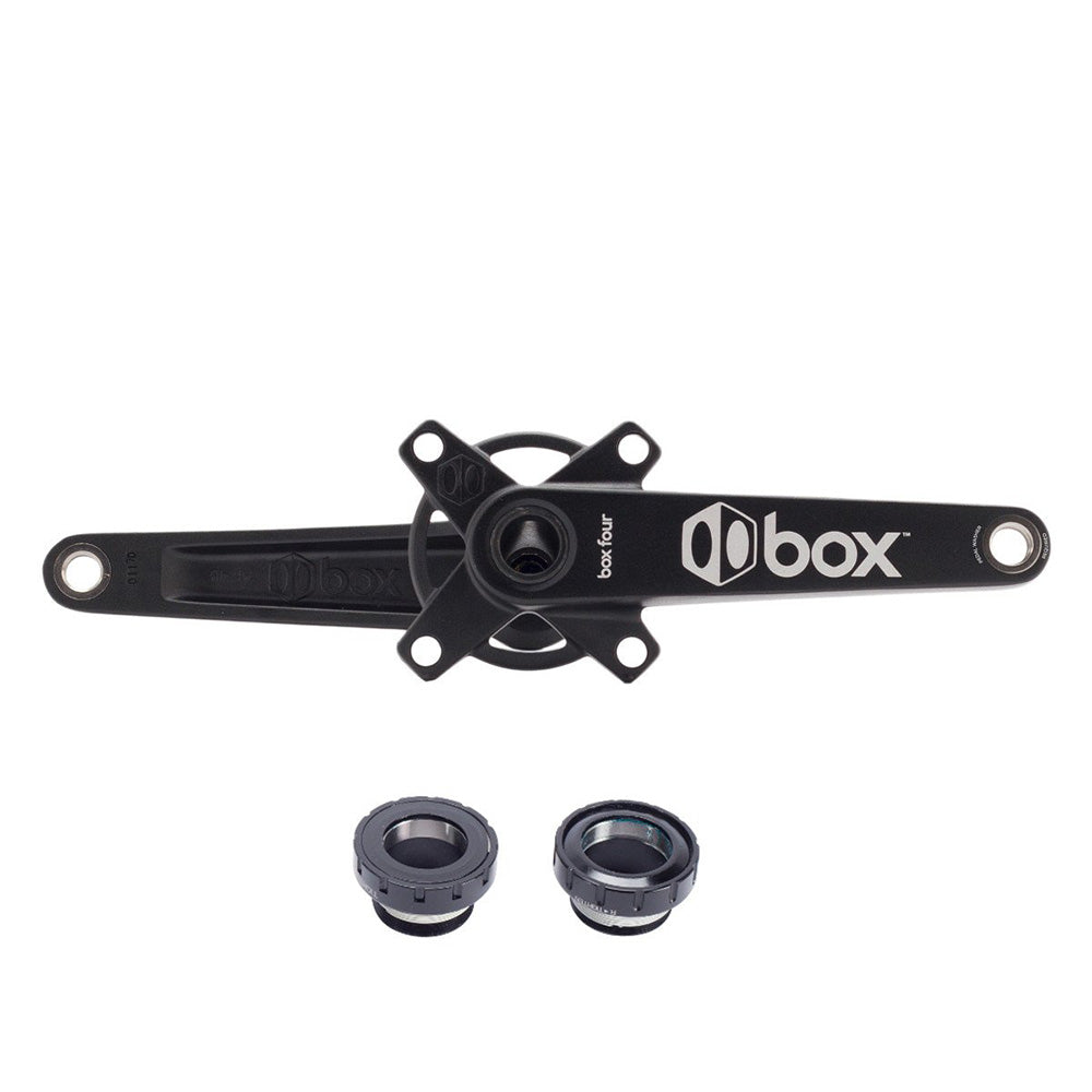 SSS Racing Box Four 2-Piece Crankset in black aluminum, matte finish, 4-arm spider, CNC-machined, with gray alloy spacers.