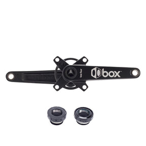SSS Racing Box Four 2-Piece Crankset in black aluminum, matte finish, 4-arm spider, CNC-machined, with gray alloy spacers.