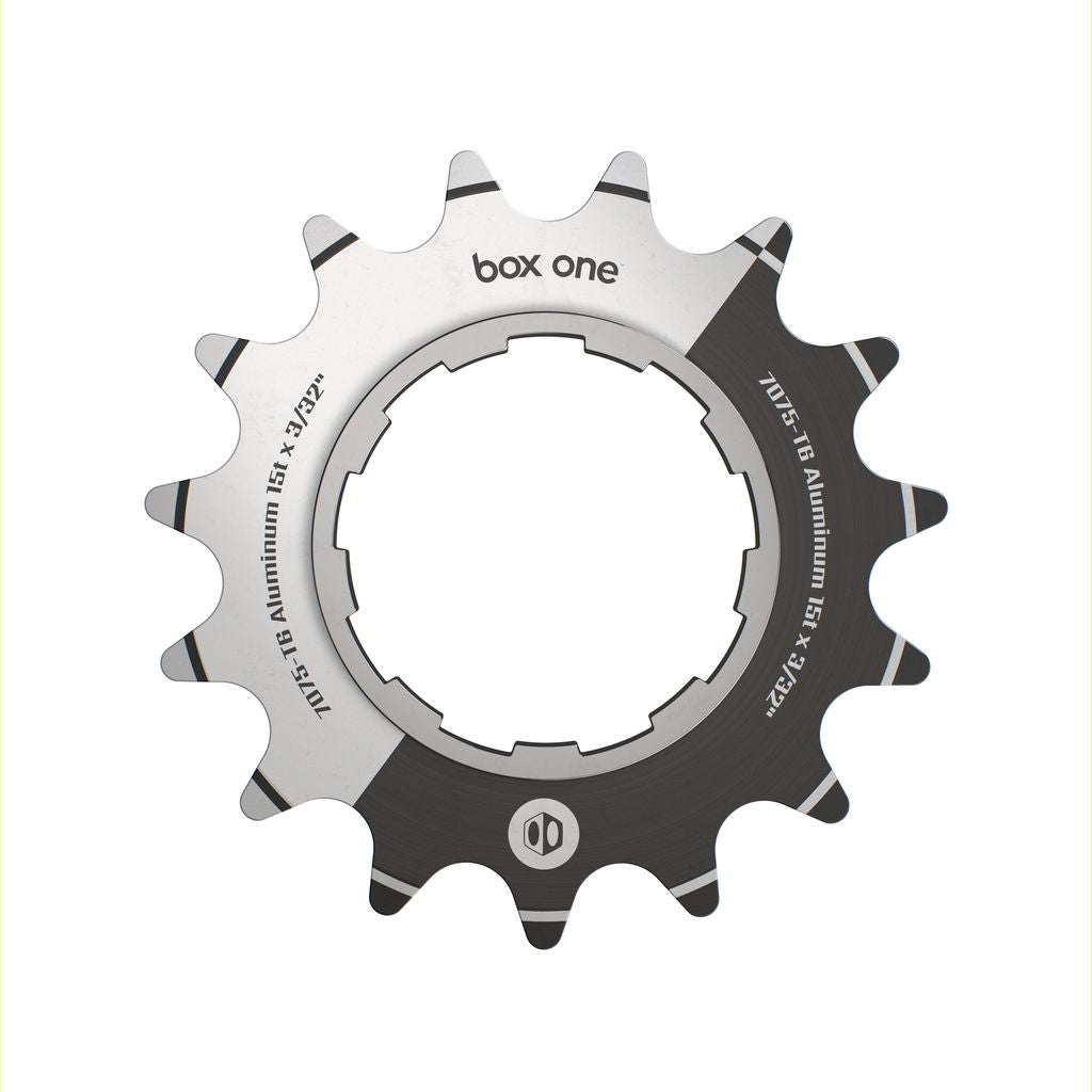 SSS Racing Box One Single Speed Aluminium Cogs (Sprocket / Rear Cog) silver and black anodized aluminium, beveled teeth.