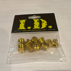 ID Alloy Chainring Bolts by SSS Racing, gold anodized aluminum, knurled hex heads on yellow-black label with bright finish.