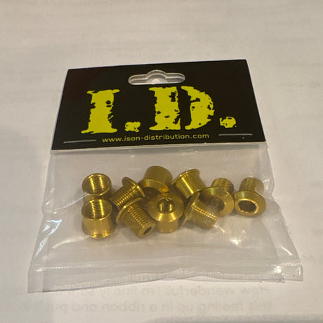 ID Alloy Chainring Bolts by SSS Racing, gold anodized aluminum, knurled hex heads on yellow-black label with bright finish.