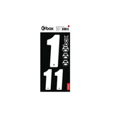 Box Two Number Plate Sticker Kits - White shows bold white 11 numerals on a black honeycomb panel with icons and BOX branding