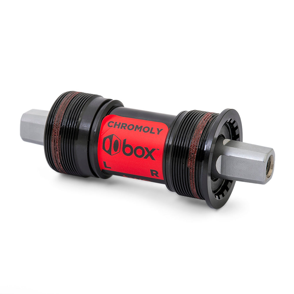 SSS Racing Box Two Square-Taper Chromoly Bottom Bracket black with red label, chromoly steel, left/right markings machined