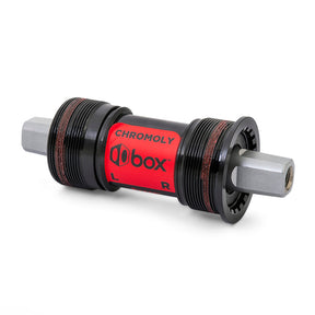SSS Racing Box Two Square-Taper Chromoly Bottom Bracket black with red label, chromoly steel, left/right markings machined