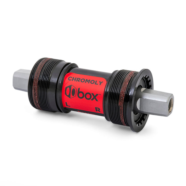 SSS Racing Box Two Square-Taper Chromoly Bottom Bracket black with red label, chromoly steel, left/right markings machined