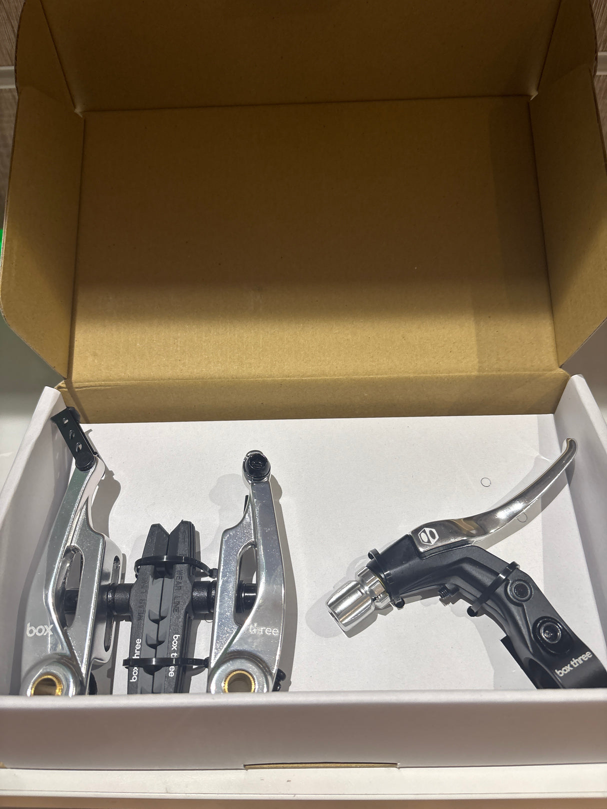 SSS Racing Box Three V-Brake Kit (Short) 85mm in silver aluminum with black accents; compact, chrome calipers and hardware.
