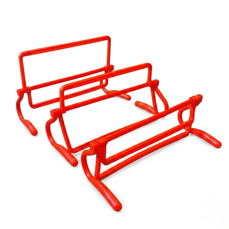 SSS Racing BMX Training Hurdles, bright red steel frames, durable metal tubing, rounded legs, compact stacked hurdle design