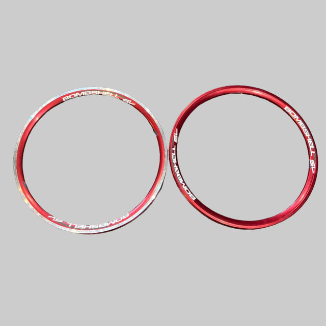SSS Racing Bombshell Aluminium 28H Expert Wheelset Red, red aluminum rims with white logo, glossy finish and aero profile.