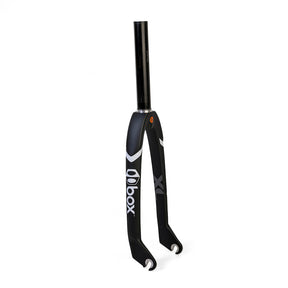 SSS Racing Box One XL Pro Lite Carbon Forks Gloss Black 1-1/8” 24” Cruiser with matte black carbon, glossy legs, white logo. 