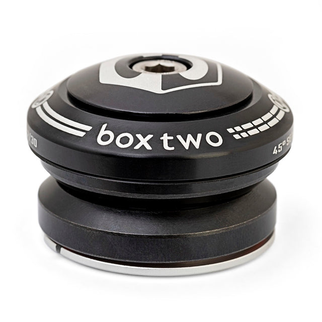 SSS Racing Box Two AL 1 Integrated Headset in matte black aluminum with silver engravings, white logo, rounded crown detail