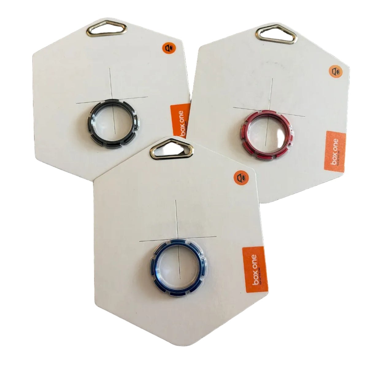 Box One Aluminium Hub Lock Ring, circular blue and red rings on white cards with orange stickers and metal hanging loops