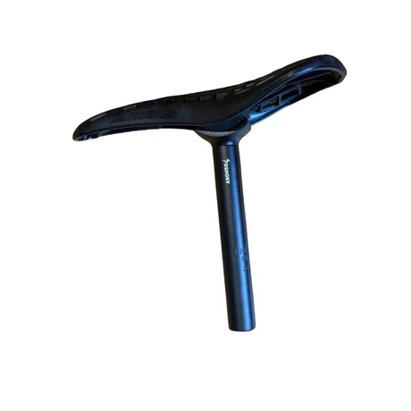 Yoshoka Pivotal Saddle / Seat With Post: black, curved saddle with textured top, mounted on a blue post with branding. logo.