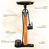Jsdoin Bike Pump, High Performance Bicycle Floor Pump with Dual Presta and Schrader Valves Jolof Store: orange steel body.
