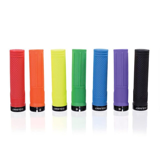 Gusset S2 Lock-On Grip by SSS Racing in red, orange, yellow, green, blue; knurled textured silicone, metal lock-on collars.