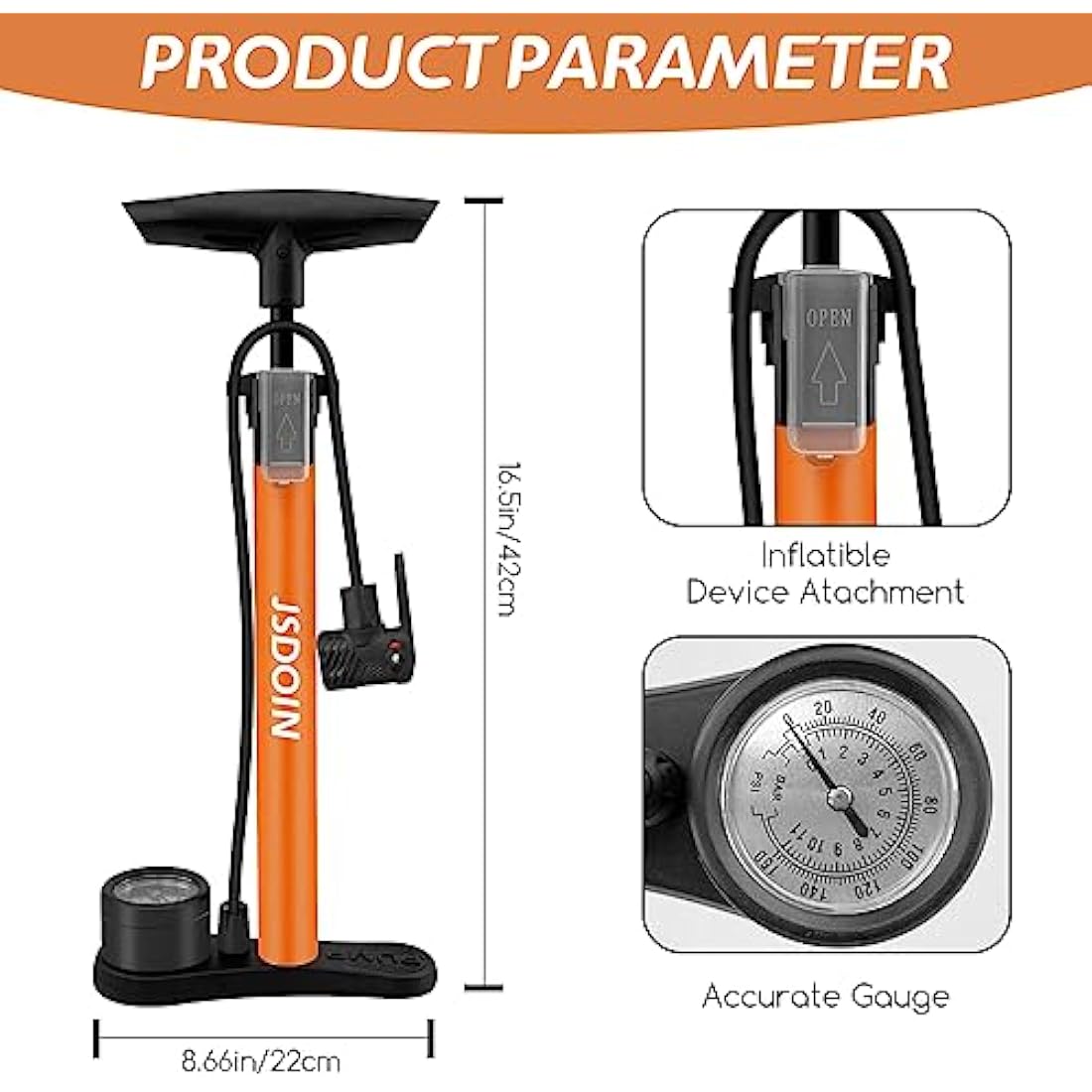 Jolof Store Jsdoin Bike Pump,High Performance Bicycle Floor Pump with Dual Presta and Schrader Valves,orange body black base.