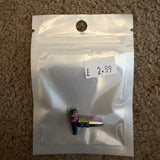 Aluminium Presta Valve Caps in rainbow hues, knurled cylindrical caps with ribbed texture, shown on a silver pouch tag....