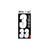 Box Two Number Plate Sticker Kits - White features large white digits 3 and 33 on a black bold sheet with small logo icons.