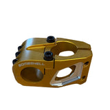 SSS Racing Bombshell Stem 1” Steerer 29mm gold angular body with black screws and machined edges, bold fitment detail shot