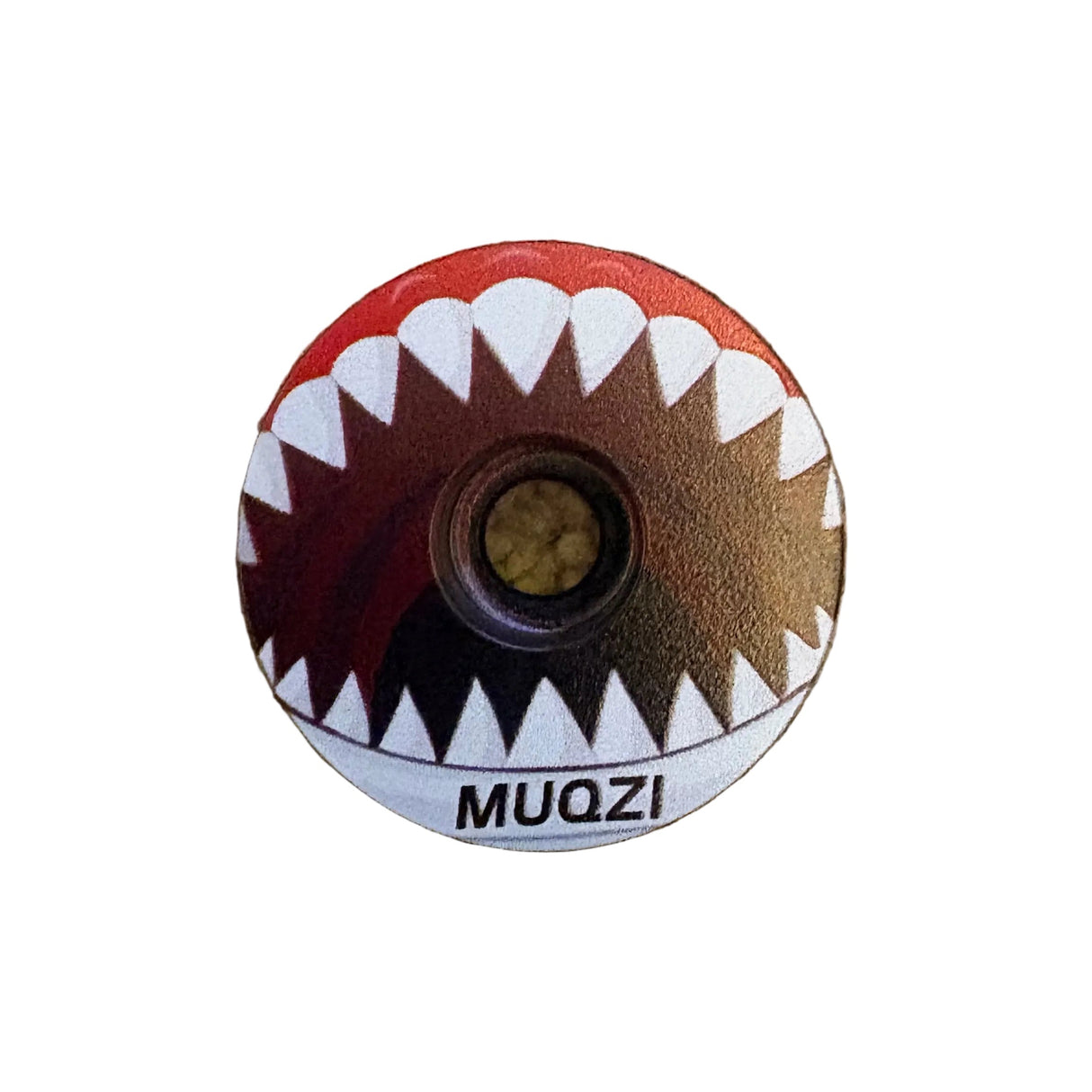Stem Headset Top Cap by SSS Racing in red-to-gold gradient, white jagged teeth motif, metallic finish round bearing inset.