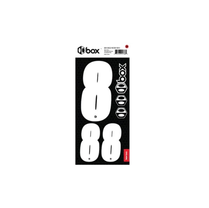 Box Two Number Plate Sticker Kits - White features bold white 8 and 0 numerals on black backing with vertical stacked layout