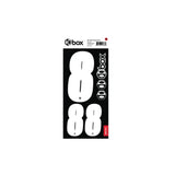Box Two Number Plate Sticker Kits - White features bold white 8 and 0 numerals on black backing with vertical stacked layout