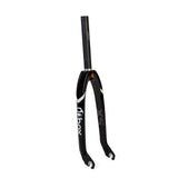 Box One XS Mini Carbon Forks 1” black matte carbon fiber with white logo, 1-1/8” steerer, forged crown. Ideal for BMX racing. 