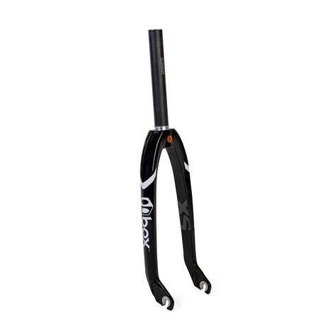 Box One XS Mini Carbon Forks 1” black matte carbon fiber with white logo, 1-1/8” steerer, forged crown. Ideal for BMX racing. 