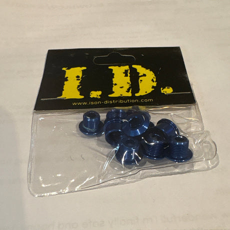 ID Alloy Chainring Bolts by SSS Racing in blue anodized steel, hex bolts with chamfered edges in a clear bag for MTB use