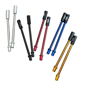 V Brake Noodle assortment shows silver, black, red, blue and gold braided cables with chrome fittings and rounded sleek ends.