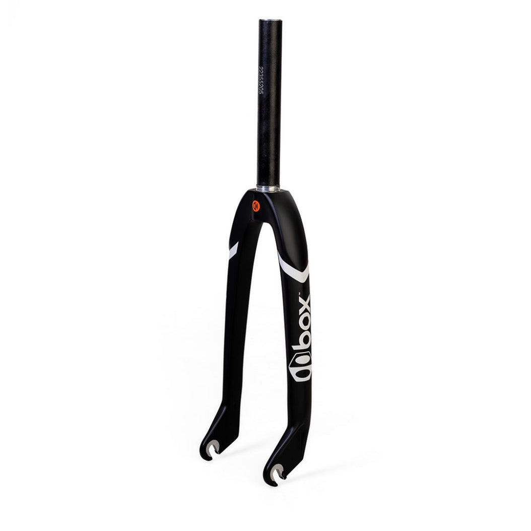 SSS Racing Box One XE Expert Carbon Forks 1” Gloss 24” Cruiser black carbon, white decals, tapered steerer, glossy finish.