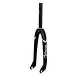 SSS Racing Box One XE Expert Carbon Forks 1” Gloss 24” Cruiser black carbon, white decals, tapered steerer, glossy finish.