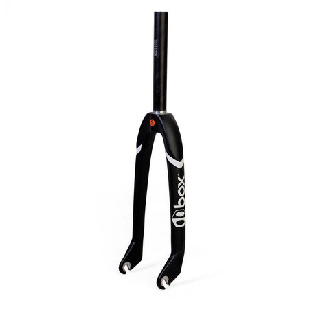 SSS Racing Box One XE Expert Carbon Forks 1” Gloss 24” Cruiser black carbon, white decals, tapered steerer, glossy finish.