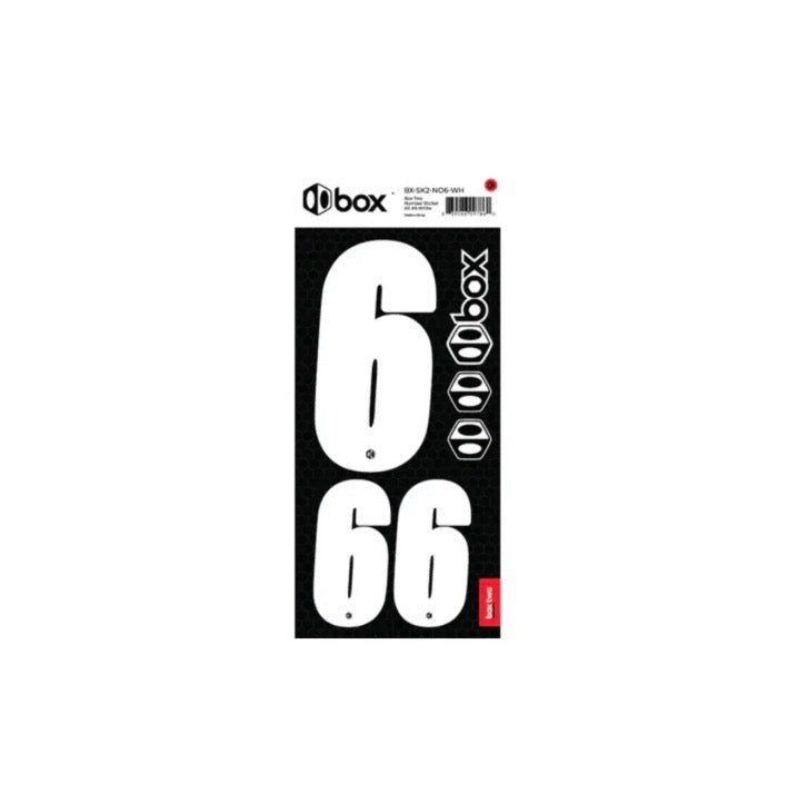Box Two Number Plate Sticker Kits - White shows white digits 6 and 66 on a black rectangular sheet with hex pattern and logo