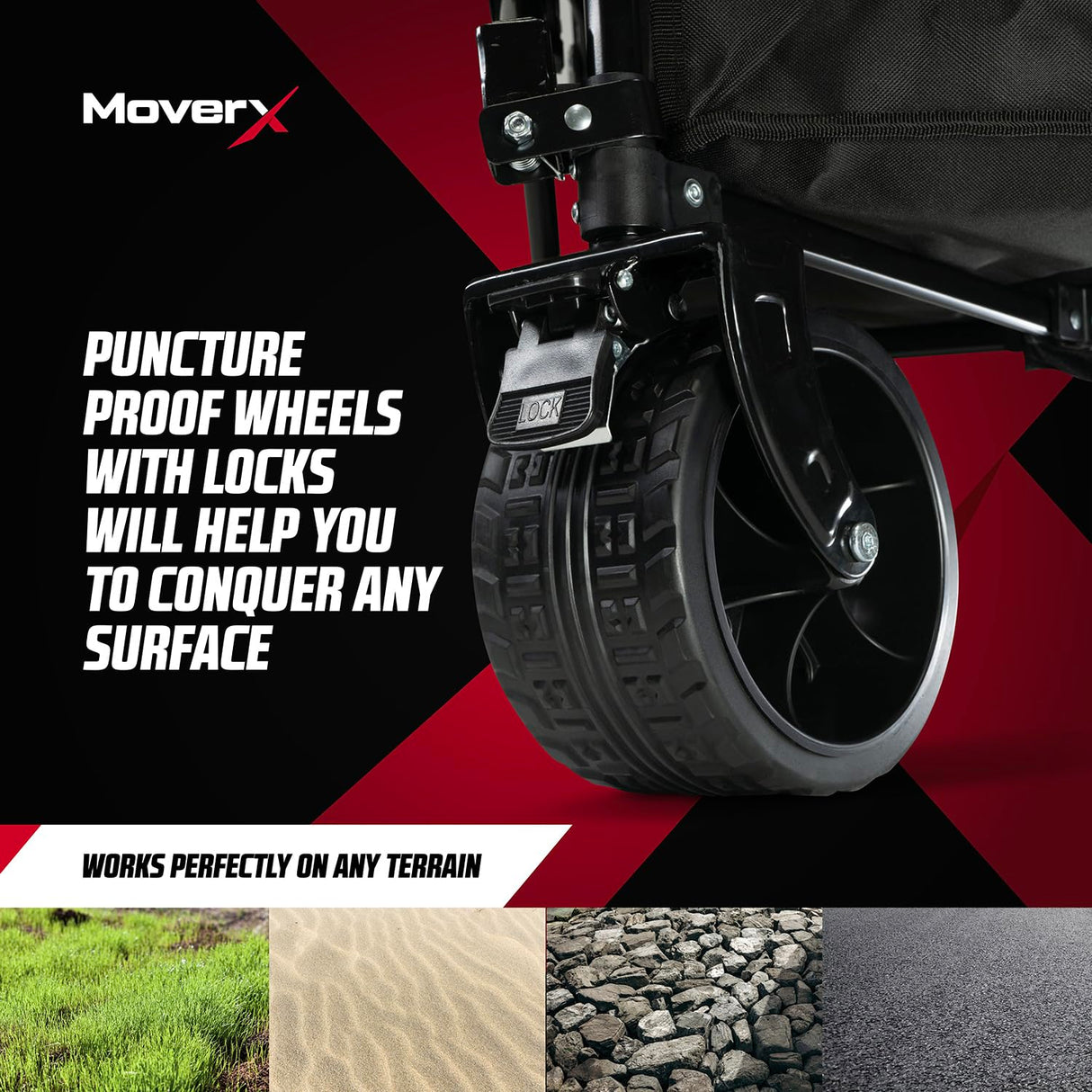 MoverX 200L Collapsible Festival Trolley on Wheels Suitable for BMX Racing, red and black frame, canvas bag, Jolof Store