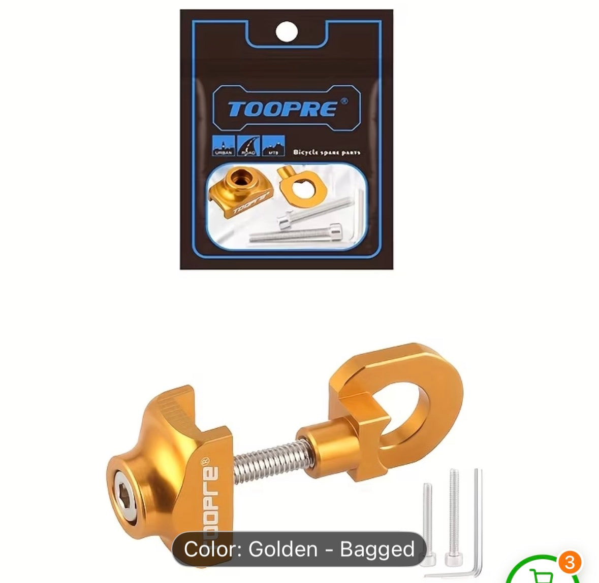 Toopre Chain Tensioner by SSS Racing, aluminum tensioner with silver screw, orange clamp, compact packaging, bolts included.